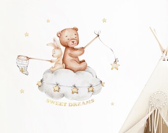 Teddy Bear , Bunny and Stars Wall Decal, Bear Nursery Wall Decal, Nursery Bear Wall Sticker, Stars Wall Sticker, Baby Room Bear Decal