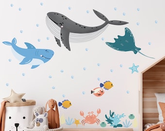 Ocean Animals Wall Decals, Sea Theme Nautical Wall Stickers, Cute Whale Wall Sticker, Wall Decals for Kids Bedroom, Nursery, Playroom