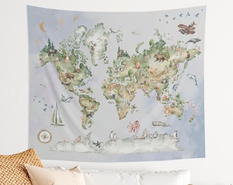 Tapeçaria personalizada, tapeçaria de mapa mundi em aquarela, tapeçaria de mapa mundi, tapeçaria de mapa mundi infantil, mapa mundi para berçário, tapeçaria para quarto infantil