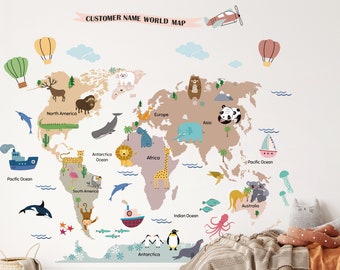 Animal World Map Decal, Kids World Map Decal, Nursery World Map, custom World map, map wall decal ,animal map stickers, World Map For Kids