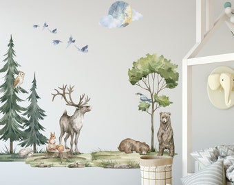 Animal Wall Decal, Woodland Wall decal, Forest Wall Nursery Decal, big tree stickers, kids Wall decal