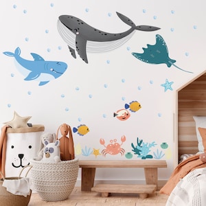 Ocean Animals Wall Decals, Sea Theme Nautical Wall Stickers, Cute Whale Wall Sticker, Wall Decals for Kids Bedroom, Nursery, Playroom