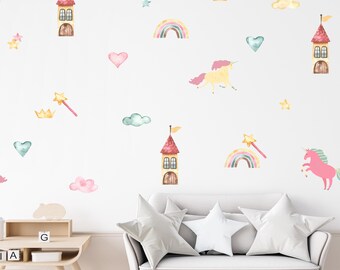 Einhorn Regenbogen Wandaufkleber, Wandaufkleber Prinzessin, Märchen für Kinder Schlafzimmer, Kinderzimmer, Spielzimmer