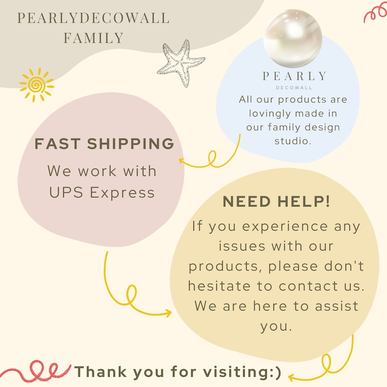 May include: A graphic with a pink and yellow background featuring a white pearl, a starfish, and a sun. The text "PEARLYDECOWALL FAMILY" is at the top of the graphic. The text "FAST SHIPPING We work with UPS Express" is in a pink circle. The text "PEARLY DECOWALL All our products are lovingly made in our family design studio." is in a light blue circle. The text "NEED HELP! If you experience any issues with our products, please don't hesitate to contact us. We are here to assist you." is in a yellow circle. The text "Thank you for visiting:) " is at the bottom of the graphic.