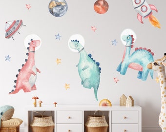 Sticker mural dinosaure astronaute, sticker mural planète, stickers muraux dinosaure, chambre de bébé garçon, sticker mural espace, chambre de bébé astronaute