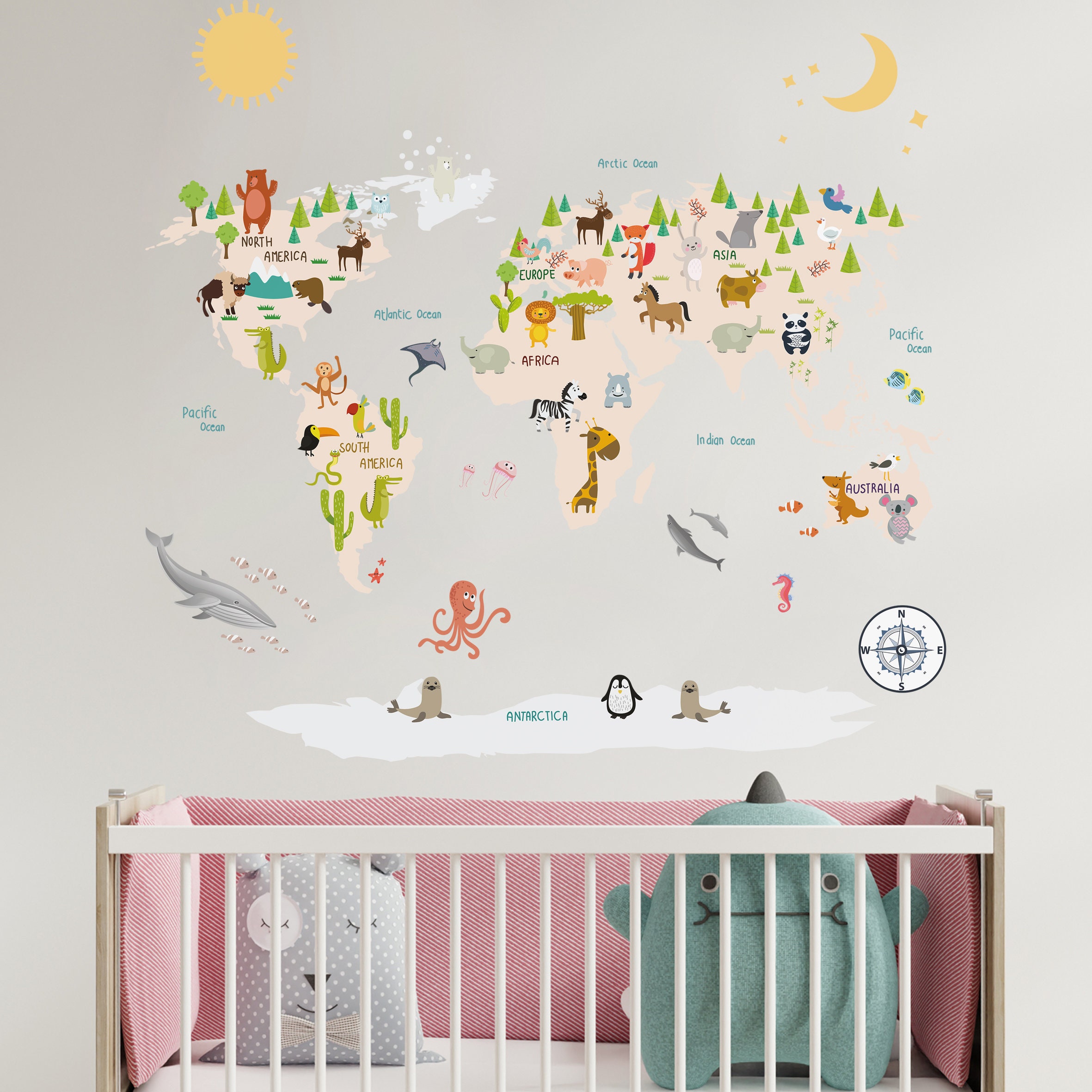 Animal World Map Decal, Kids World Map Decal, World Map Wall Decal ...