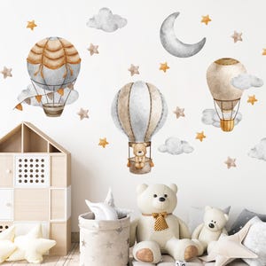 Nursery Bear Wall Decals, Hot Air Balloon Wall Decals, Kids Wall Decals, Watercolor Balloon, Nursery Wall Sticker, Cloud Wall Decals