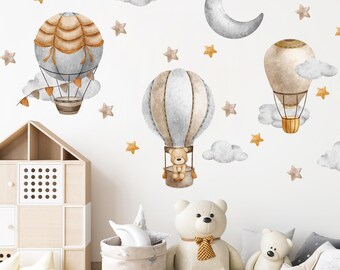 Nursery Bear Wall Decals, Hot Air Balloon Wall Decals, Kids Wall Decals, Watercolor Balloon, Nursery Wall Sticker, Cloud Wall Decals