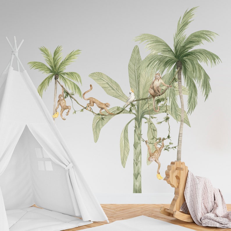 Jungle Tree Wall Decals, Monkey Decal, Palm Tree Safari Wall Decal ...