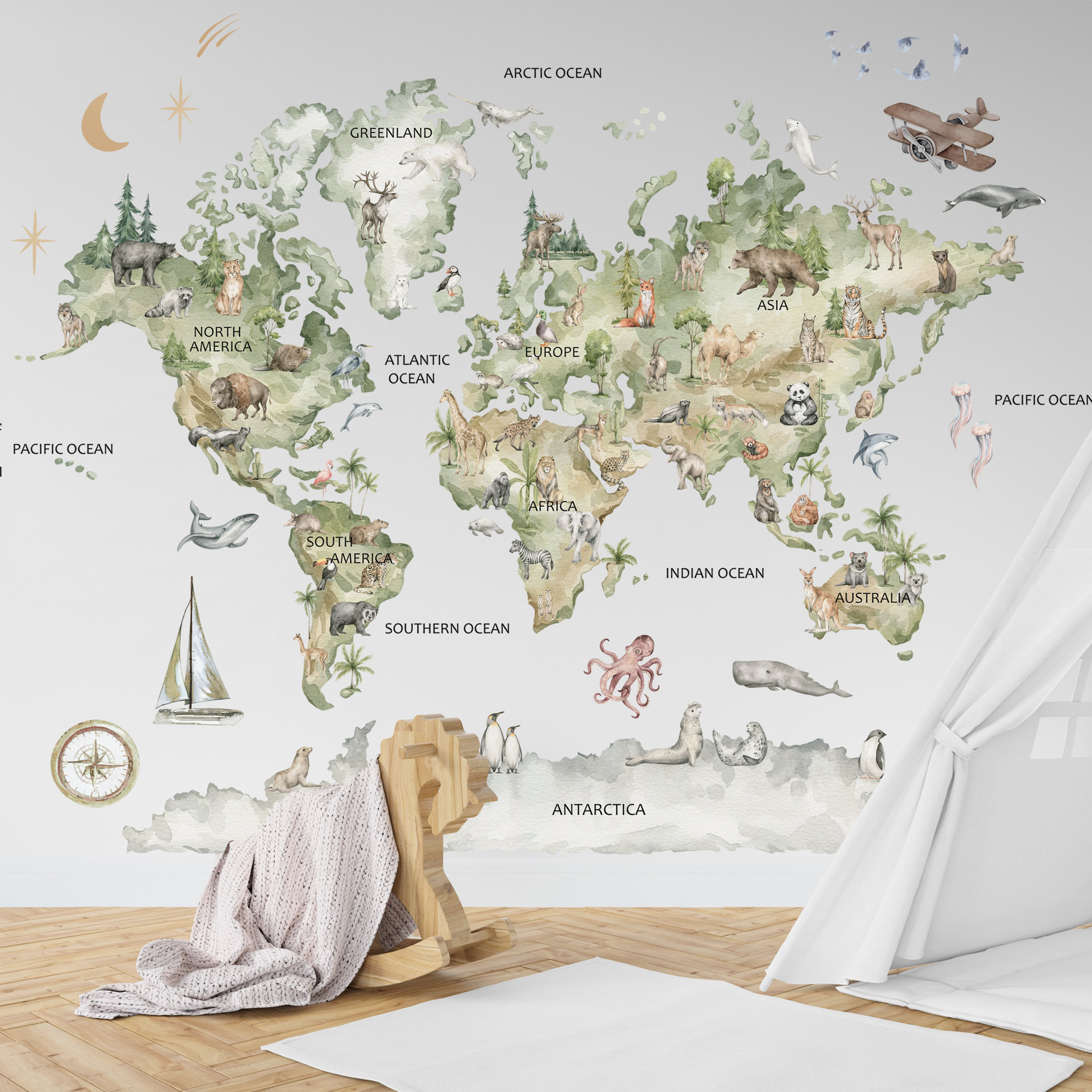 World Map Wall Decal, Kids World Map, Animal World Map Decal, Custom ...