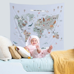 Ländernamen Bunter Weltkarten-Wandteppich, Weltkarten-Wandteppich, Weltkarte der Tiere, Wandteppich für Kinder
