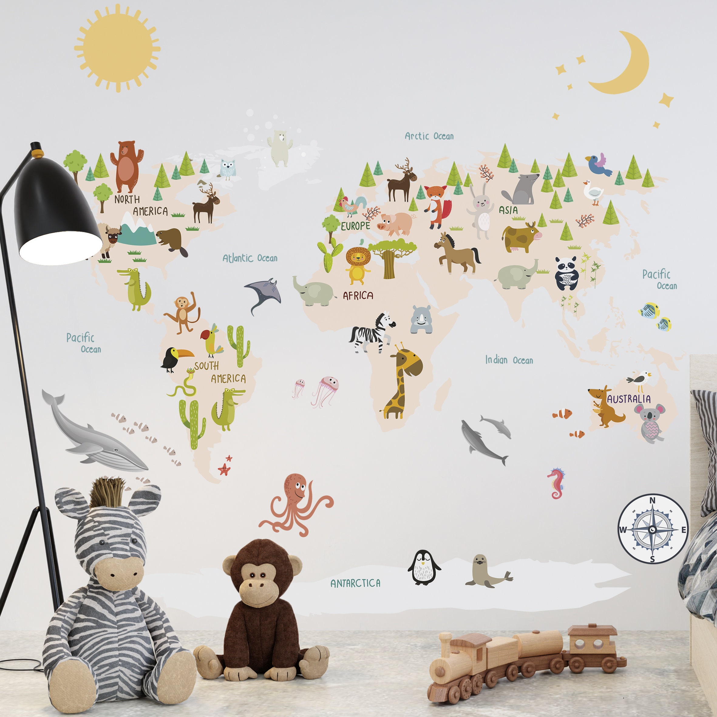 Animal World Map Decal, Kids World Map Decal, World Map Wall Decal ...