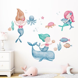 Watercolor Mermaid Wall Decal, Girls Room Mermaid Sticker, Baby Girl Wall Decal, Mermaid Room Decor, Underwater Nursery Mermaid Wall Sticker
