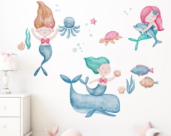 Watercolor Mermaid Wall Decal, Girls Room Mermaid Sticker, Baby Girl Wall Decal, Mermaid Room Decor, Underwater Nursery Mermaid Wall Sticker