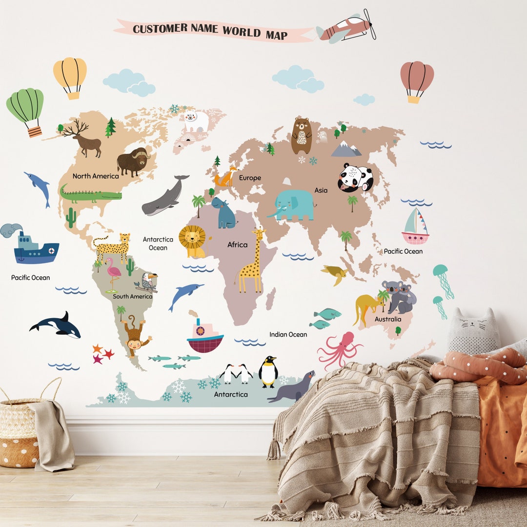 Animal World Map Decal, Kids World Map Decal, Nursery World Map, Custom