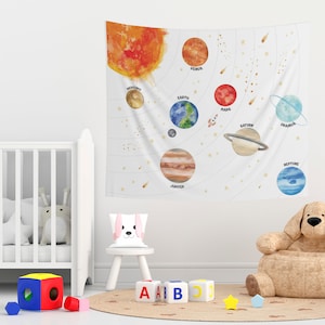 Watercolor Solar System Tapestry, Space Tapestry, Planets Tapestry, Nursery Tapestry, Educational Tapestry, Planets For Kids Room