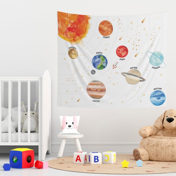 Watercolor Solar System Tapestry, Space Tapestry, Planets Tapestry, Nursery Tapestry, Educational Tapestry, Planets For Kids Room