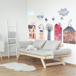 Watercolor Houses Wall Decals, Village wall decal, City Wall Decal, European Style Town Wall Decals, girls and boy room decal