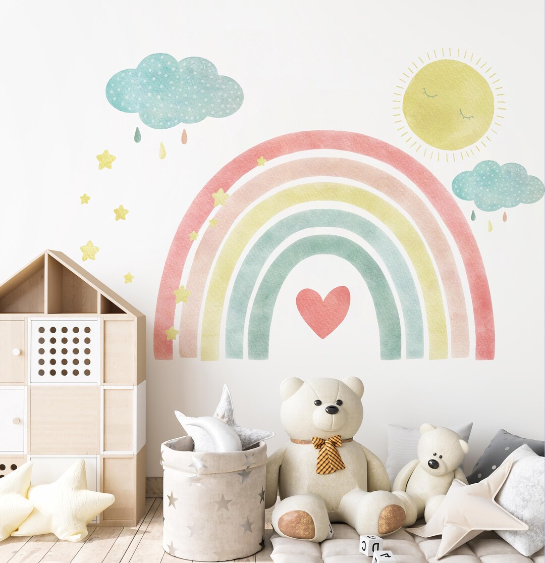 Large Rainbow Wall Sticker Sun Watercolor Wall Decal for Nursery ...