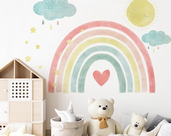 Large Rainbow Wall Sticker Sun Watercolor Wall Decal For Nursery, Rainbow Wall Decal, Sun Wall Decal, Cloud Wall Sticker