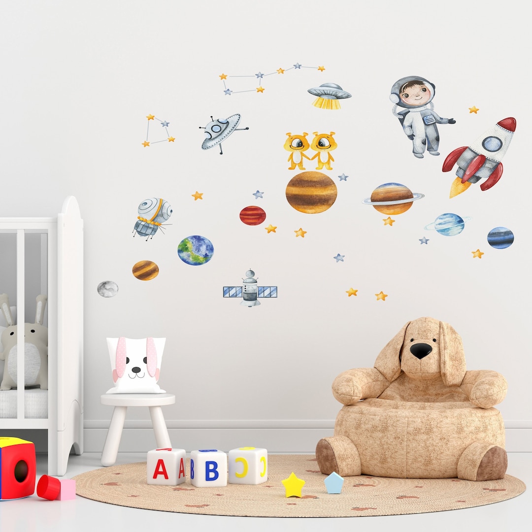 Space Wall Decal, , Rocket Spaceship Wall Decal ,watercolor Solar