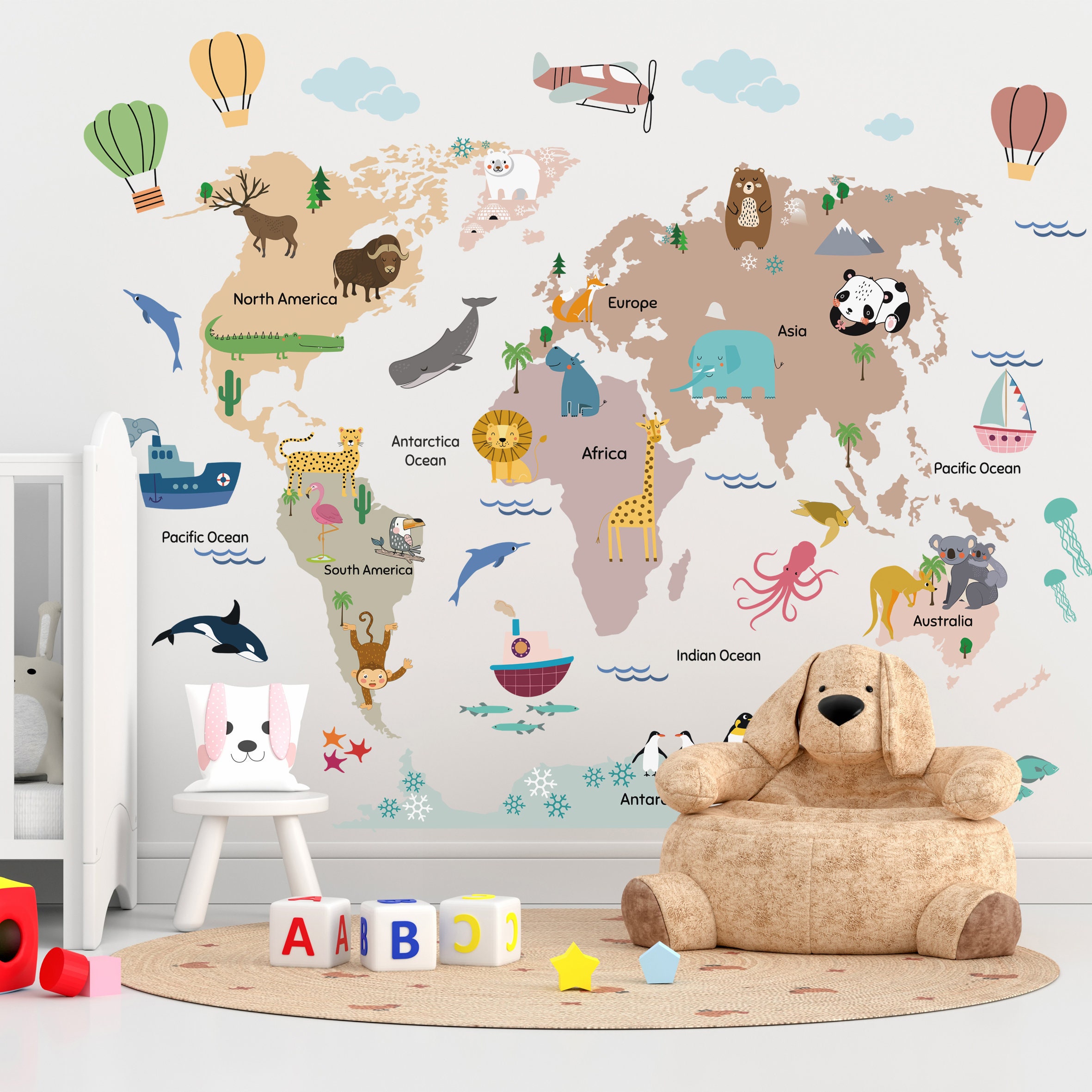 Animal World Map Decal Kids World Map Decal Nursery World - Etsy