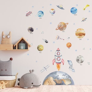 Space Wall Decal, Watercolor Solar System Wall Stickers, Space Decals Nursery, Space Themed Nursery, Rocket Spaceship Wall Decal