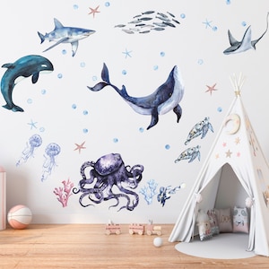Ocean Animals Wall Decal for Kids and Nursery, sea animals wall sticker, Sea World wall decal Set, Under the Sea Decal, Ocean Wall Stickers