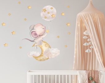 Stars, Clouds and Moon, Mouse on the Moon Nursery Wall Sticker, Baby Room Nursery Decal, Animals on moon Watercolour, Animals Wall decal