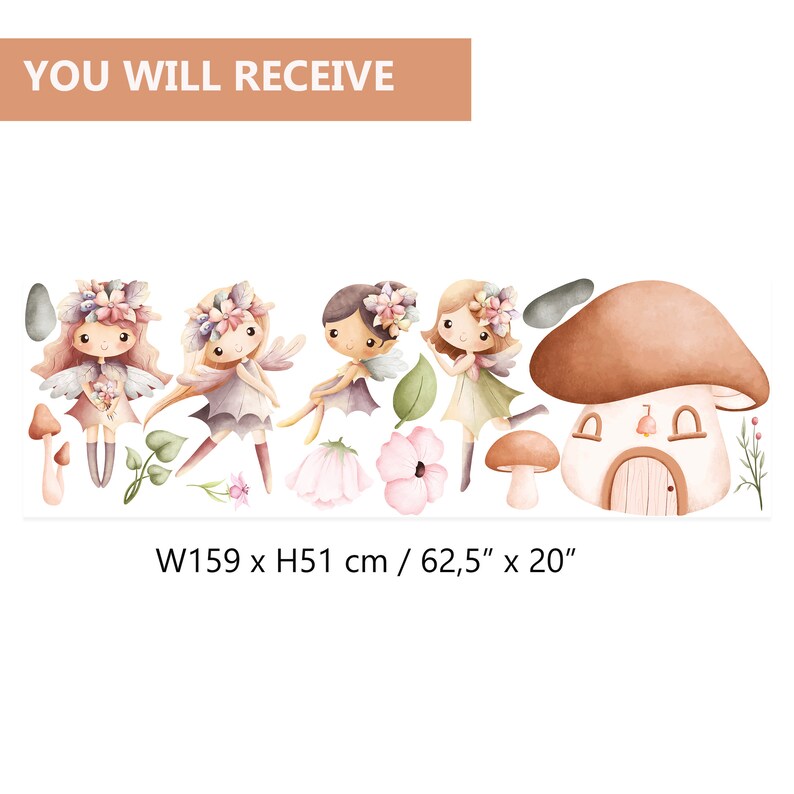May include: A set of five watercolor fairy stickers with a mushroom house, flowers, and leaves. The fairies are wearing floral crowns and have wings. The stickers are approximately 62.5 inches wide by 20 inches tall.