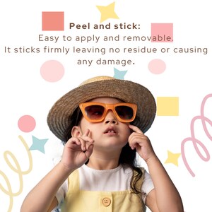May include: A young girl wearing a straw hat and orange sunglasses. The image has a colorful background with stars, swirls, and squares.