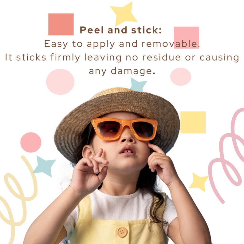May include: A young girl wearing a straw hat and orange sunglasses. The image has a colorful background with stars, swirls, and squares.