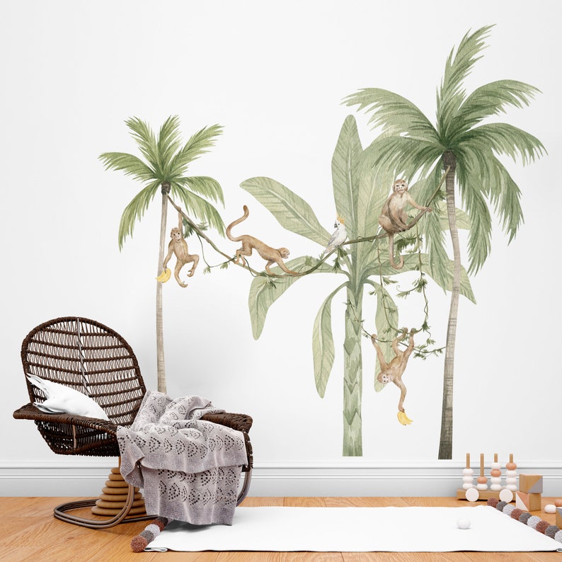 Jungle Tree Wall Decals, Monkey Decal, Palm Tree Safari Wall Decal ...