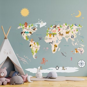 Weltkarte Aufkleber, Weltkarte Aufkleber, Weltkarte Wandtattoo, Kinderzimmer Karte Aufkleber, Tier Karte Aufkleber, große Weltkarte