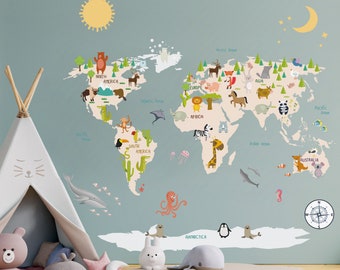 Animal World Map Decal, Kids World Map Decal, world map wall decal, Nursery Map Decal, animal map sticker, large world map