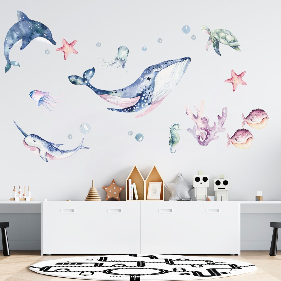 Ocean Animals Wall Decal, Watercolor Decal Set, Underwater Stickers