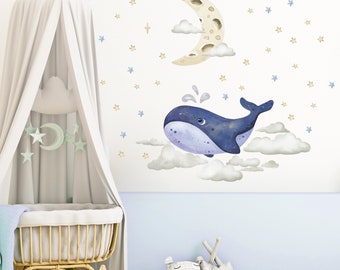Decalcomanie da muro di balena, luna e nuvole, decalcomania da muro di luna e stelle, adesivo luna, decalcomania vivaio oceano, adesivo da parete per bambini balena, decalcomania da muro bambino