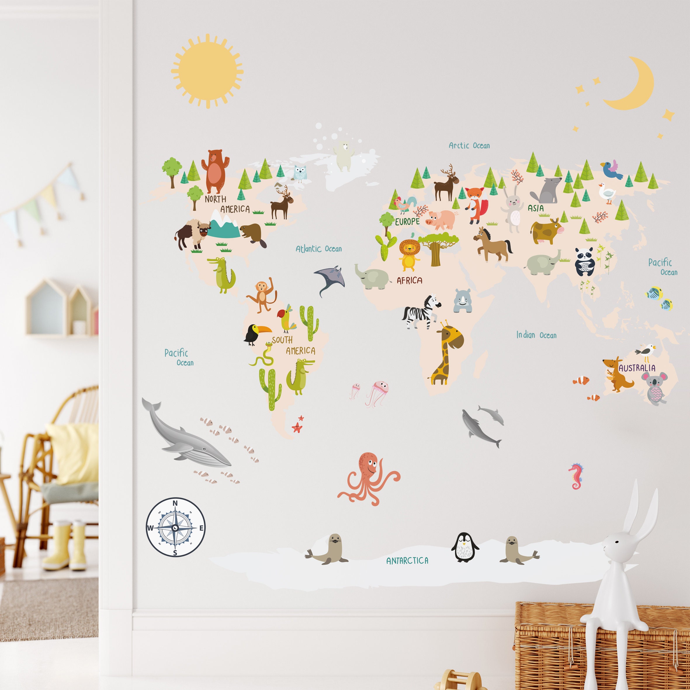 Animal World Map Decal, Kids World Map Decal, World Map Wall Decal ...