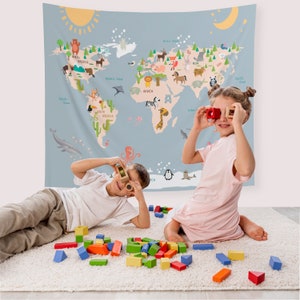 Tapisserie de carte du monde animal, tapisserie de carte du monde, tapisserie de carte du monde d'enfants, carte du monde pour des enfants, carte du monde de pépinière, tapisserie de chambre d'enfants