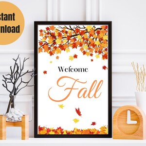 Herbst druckbare Wandkunst, Wohnzimmer, Willkommen Herbst, Dekor, Blätter, Kürbis, Herbst Tischdekoration, Dekoration, Herbst, Herbst, Saisonal