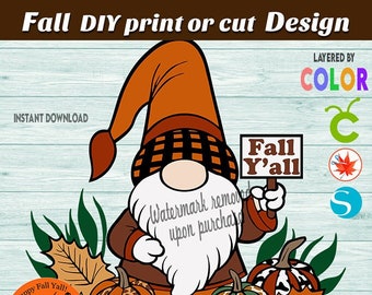 Fall Gnome Svg, Fall Svg Design, Digital Print Cut Design, Cute Svg file for Cricut, SVG file & Sublimation PNG Design, Gnome Fall Design