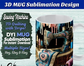 3D Mug Wrap Sublimation Design, Blue Pink Theme, Sewing Machine Mug Sublimation Template, 11oz, 12oz, 15oz Mug Design, Digital Download