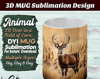 3D Mug Wrap Sublimation Design, Deer in a Field, PNG, Mug Sublimation Design Template, 11oz, 12oz, 15oz Coffee Mug Design, Digital Download