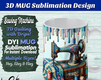 3D Mug Wrap Sublimation Design, Pink Blue Theme, Sewing Machine Mug Sublimation Template, 11oz, 12oz, 15oz Mug Design, Digital Download