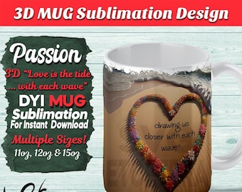 3D Mug Wrap Sublimation Design, Heart On A Beach Mug PNG Sublimation Design Template, 11oz, 12oz, 15oz Coffee Mug Design, Digital Download