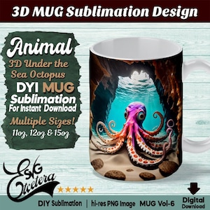 3D Mug Wrap Sublimation Design, Under the Sea Octopus Mug Sublimation Design Template, 11oz, 12oz, 15oz Coffee Mug Design, Digital Download