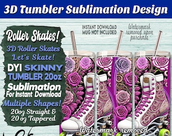 3D Tumbler Wrap Sublimation Design, Roller Skate Design, PNG, Mug Sublimation Design Template, 20oz Straight, 20oz Tapered Design Download