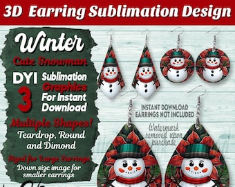 Earring Sublimation Design Bundle, Beautiful Snowman Earring, Christmas gift, Teardrop Earring, Round Earring, Diamond Earring Design Bundle