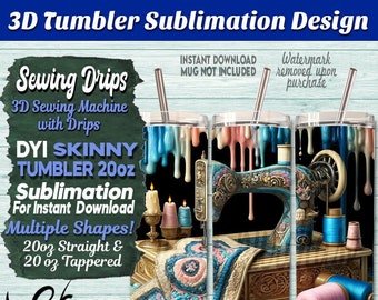 3D Tumbler Wrap Sublimation Design, Blue Theme Sewing Quilt & Drips, PNG Sublimation Template, 20oz Straight, 20oz Tapered Design Download