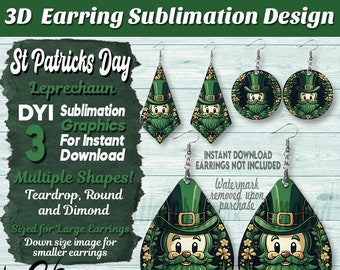 3D Earring Sublimation Design Bundle, Leprechaun Earrings, St Patrick's Day Earrings Design, Teardrop, Round & Diamond Earring Design Bundle